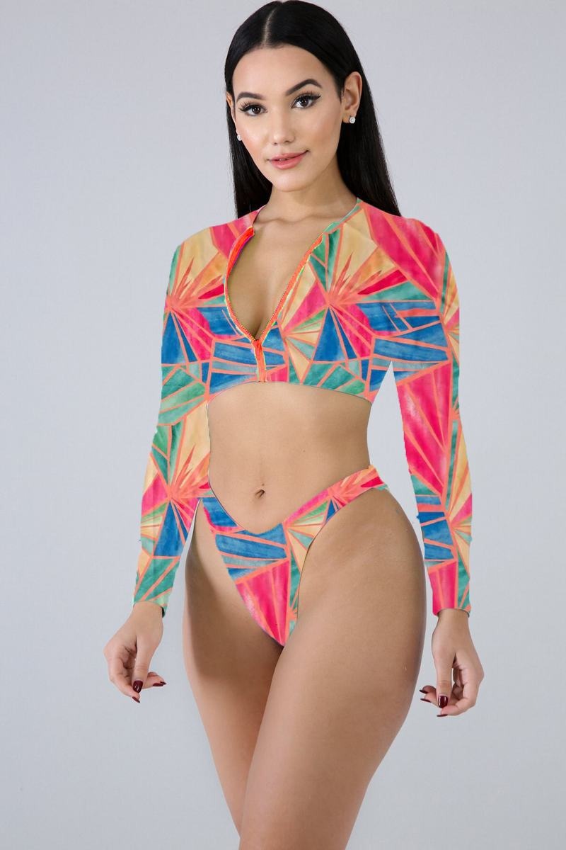 Colorblock Crew Neck Long Sleeve Crop Crisscross Strappy Surf Set
