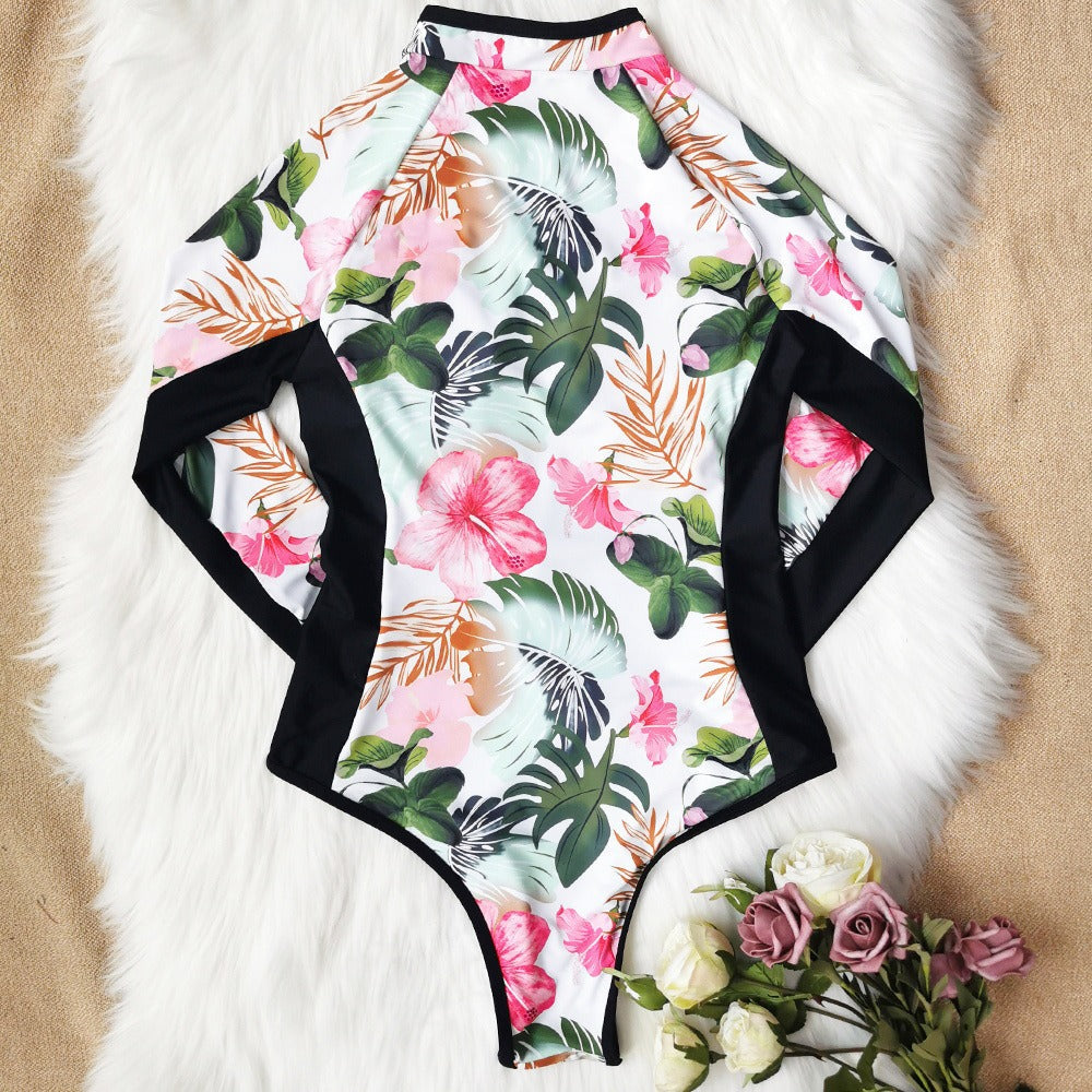 Leaves Print Long Sleeve One Piece Swimsuit