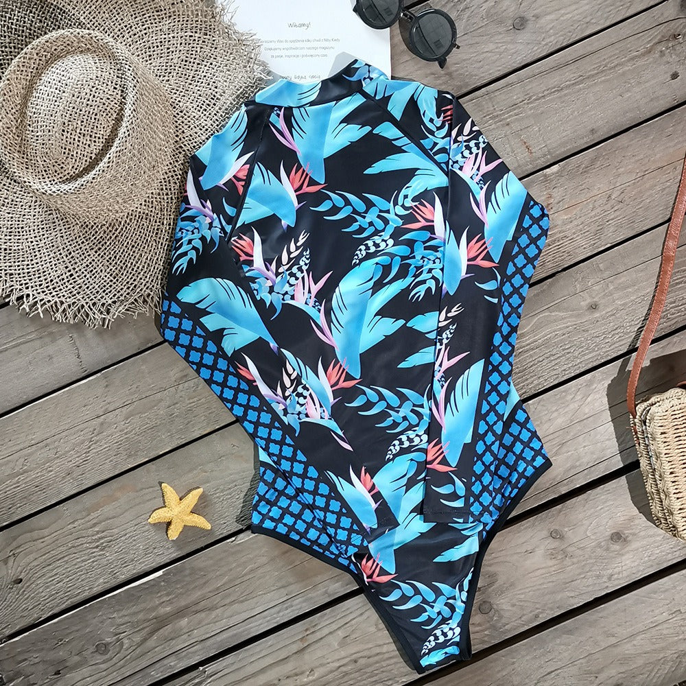 Leaves Print Long Sleeve One Piece Swimsuit