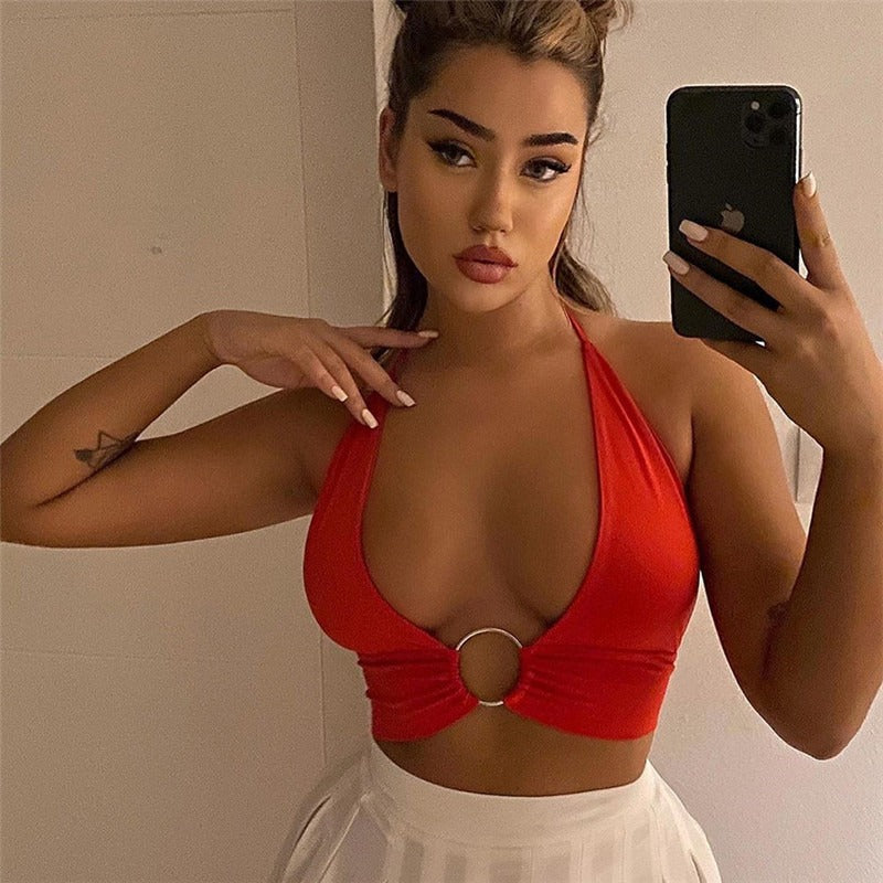 Avidlove Deep V Neck Tank Tops for Knot Tie Halter Backless Crop Tops Sleeveless Plunging Tops with Ring