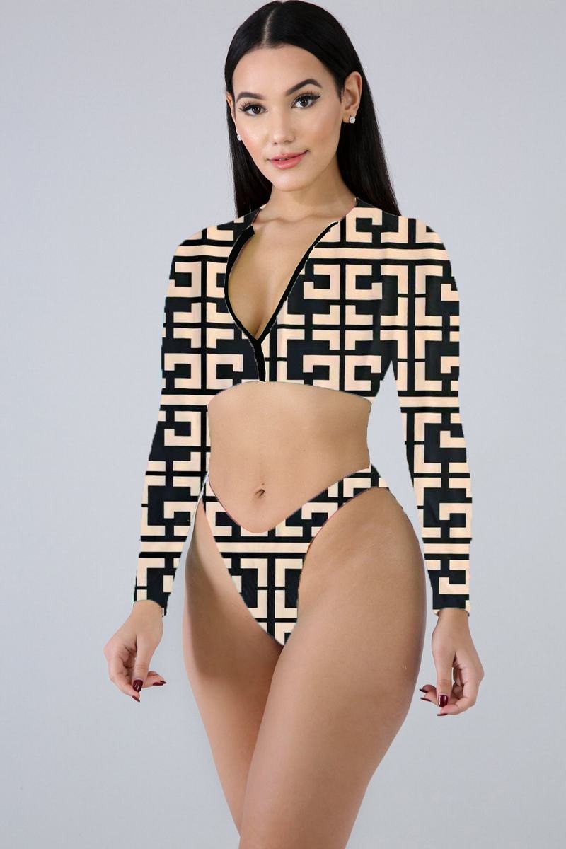 Colorblock Crew Neck Long Sleeve Crop Crisscross Strappy Surf Set