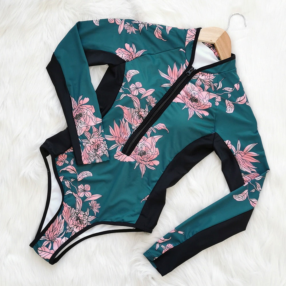 Leaves Print Long Sleeve One Piece Swimsuit