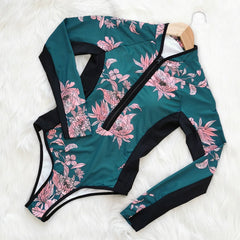 Leaves Print Long Sleeve One Piece Swimsuit