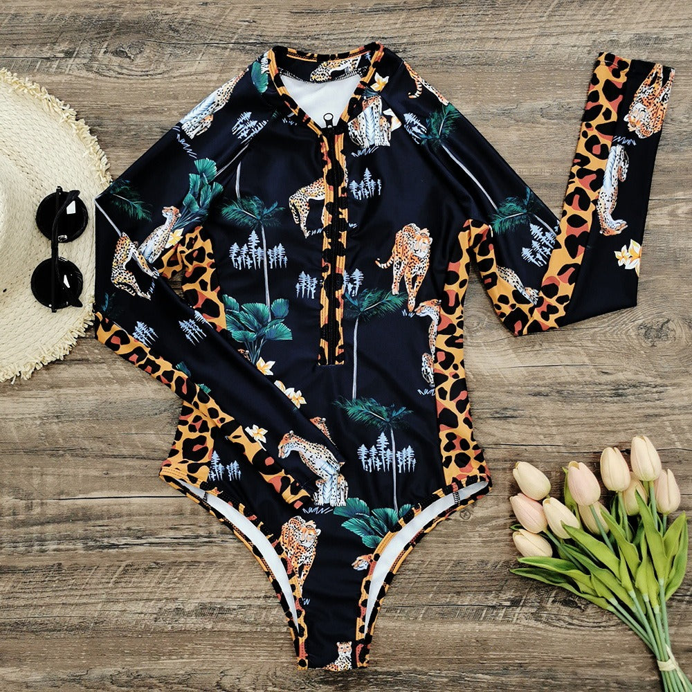 Leaves Print Long Sleeve One Piece Swimsuit
