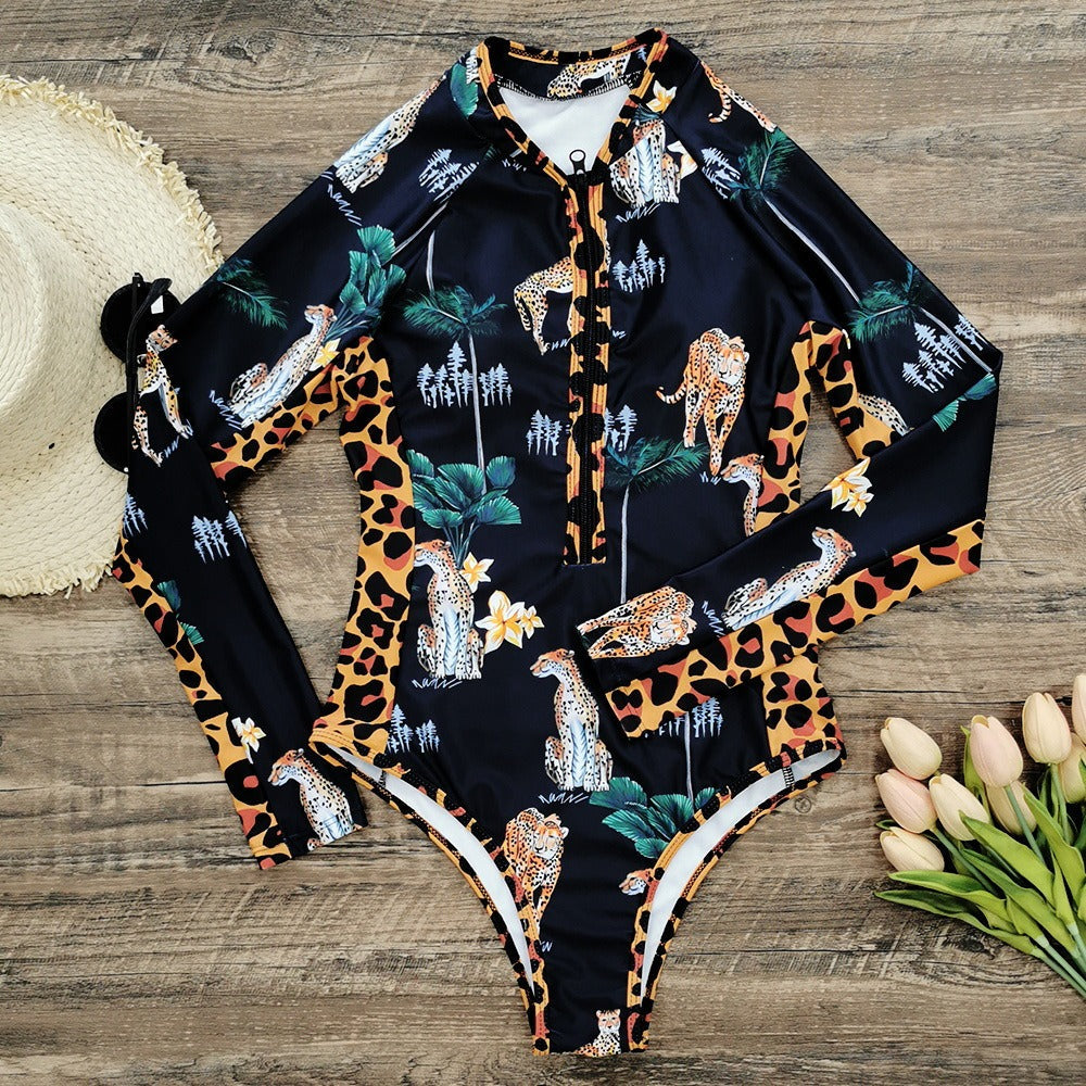 Leaves Print Long Sleeve One Piece Swimsuit