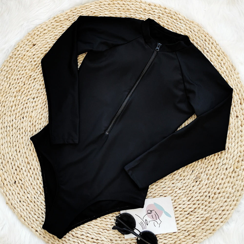 Leaves Print Long Sleeve One Piece Swimsuit