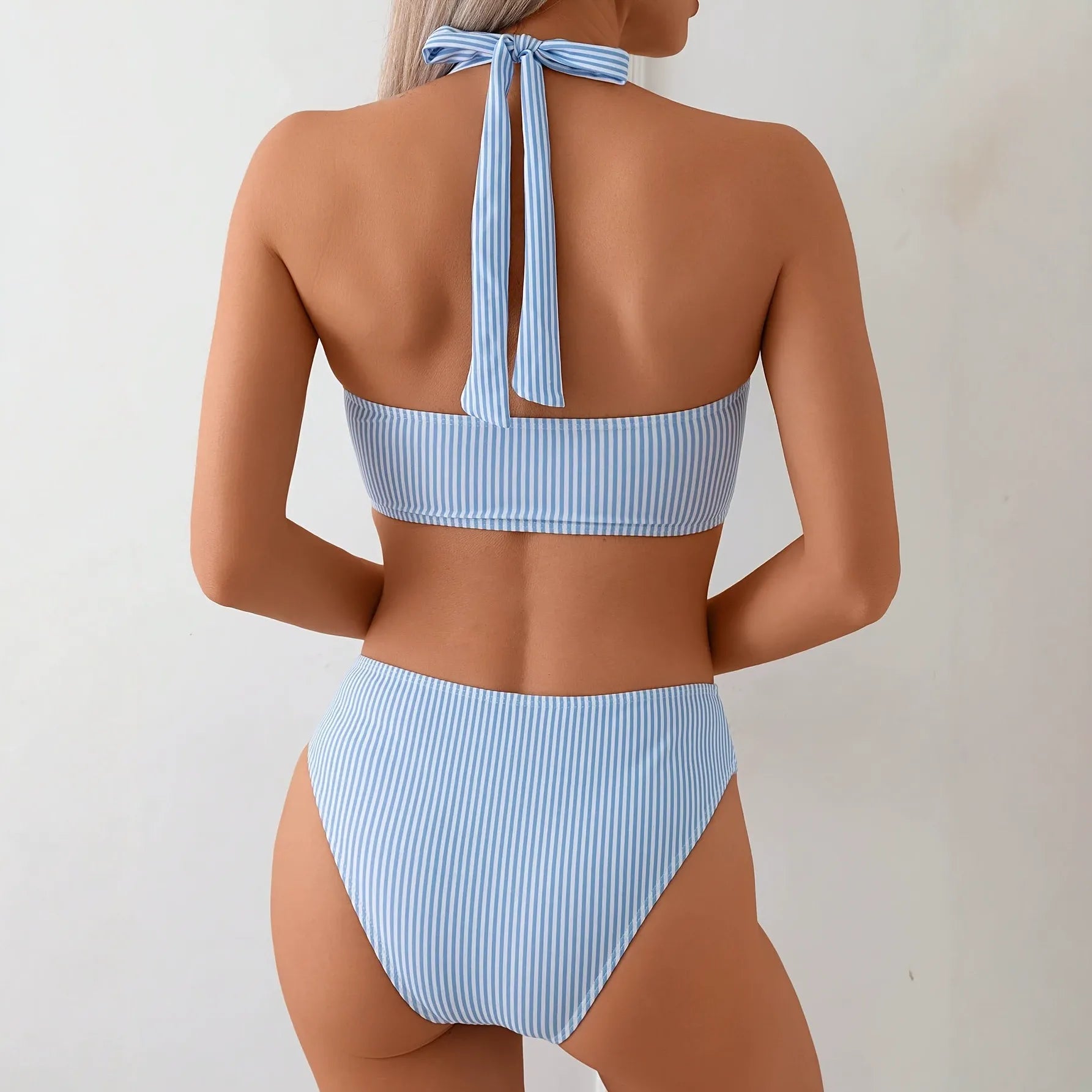 Yellow Striped Tie Shoulder Bikini Top