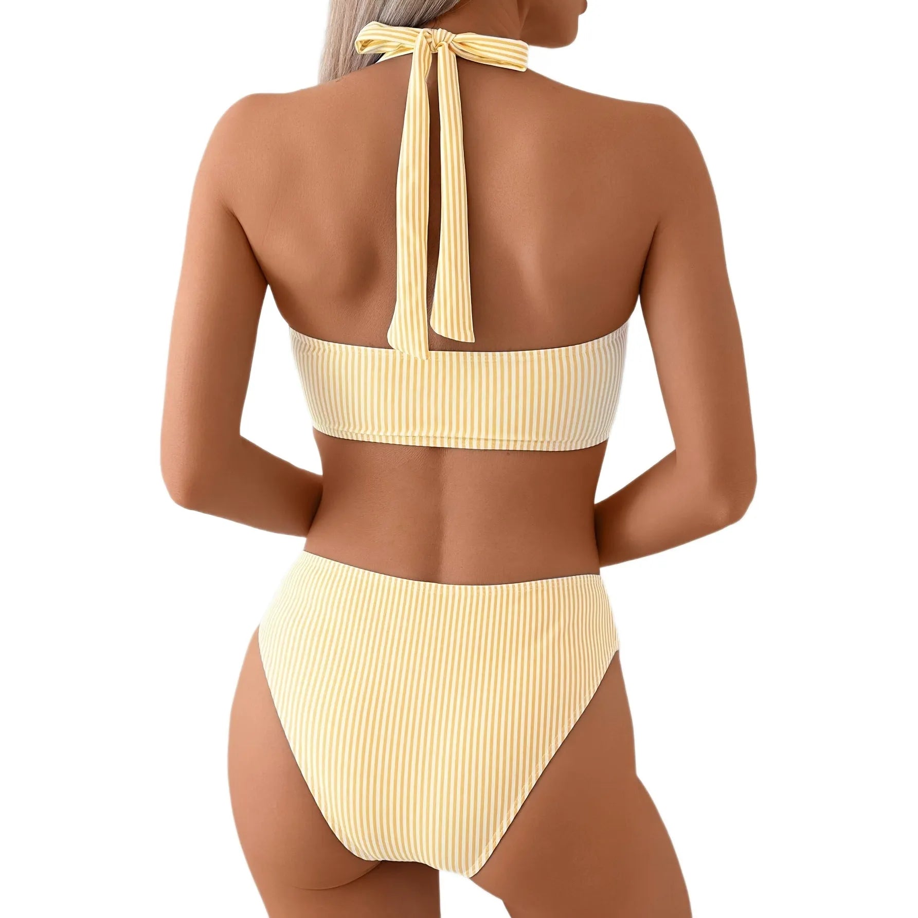 Yellow Striped Tie Shoulder Bikini Top
