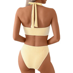 Yellow Striped Tie Shoulder Bikini Top