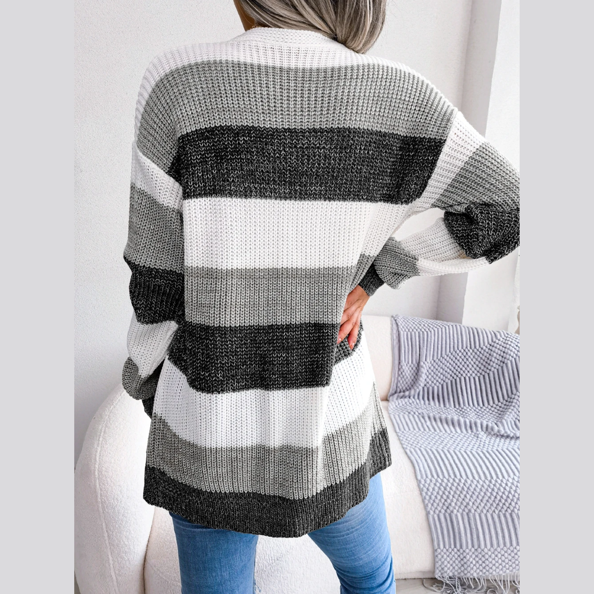 Emily - Black & White  Knitted Striped Cardigan