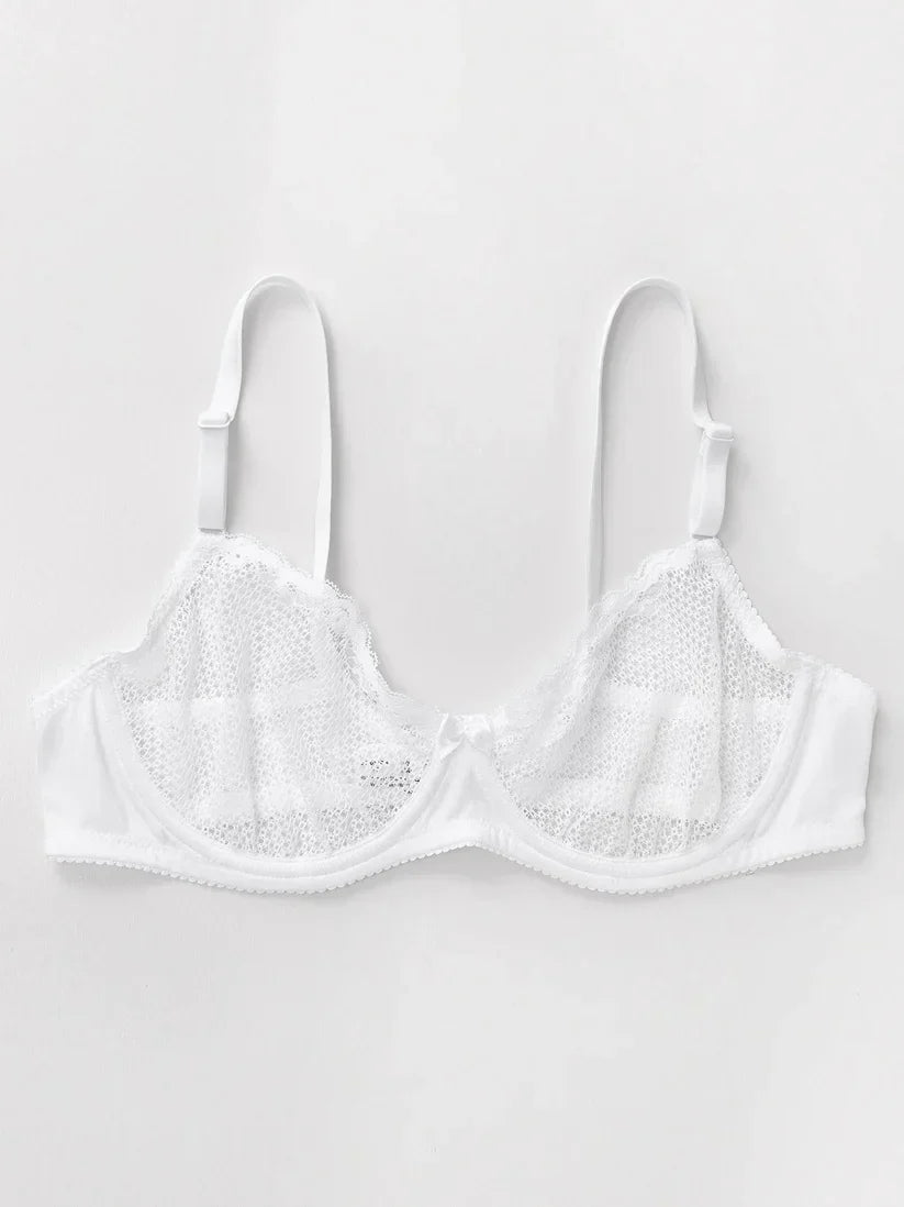 Women's Unlined See Through 1/2 Cup Mesh Demi Shelf Underwired Bra White