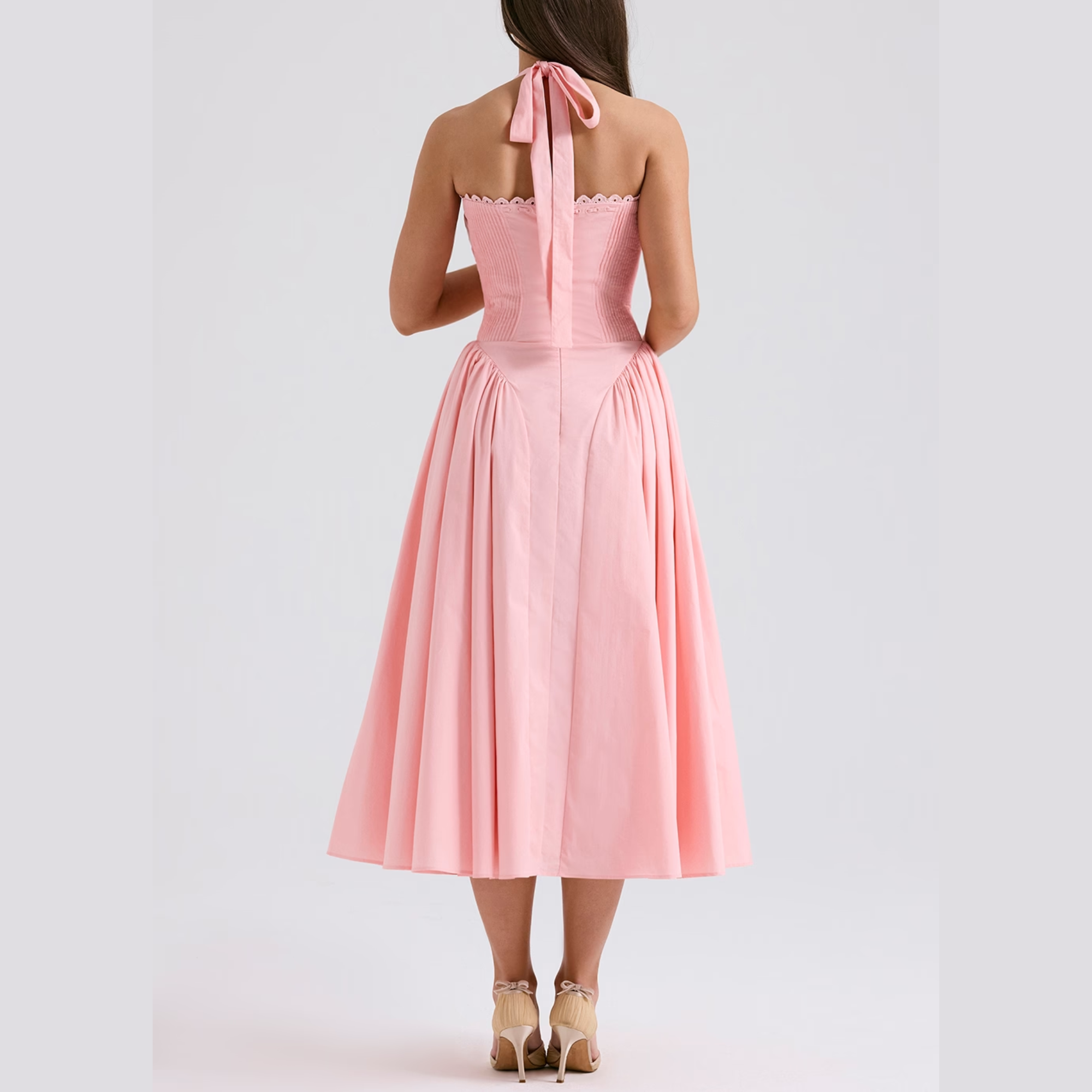 Solene - Pink A Line Midi Halter Neck Dress