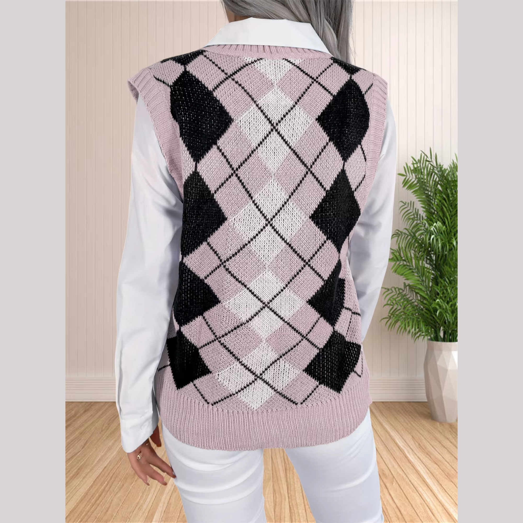 Victory - Pink Argyle Knitted Sweater Vest