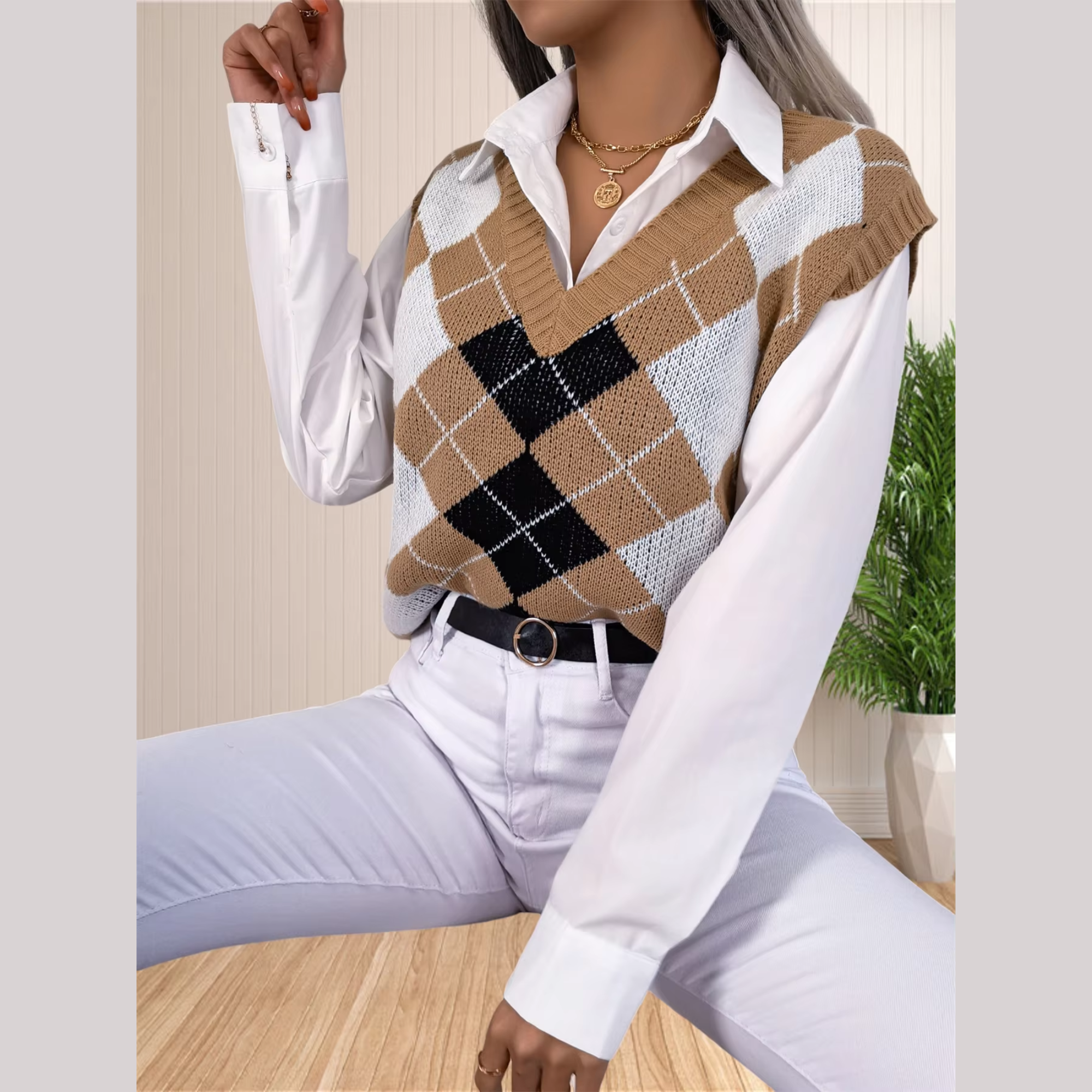 Victory - Beige Argyle Knitted Sweater Vest